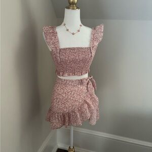 SHEIN Dusty Pink Floral Ruffle Mini Skirt